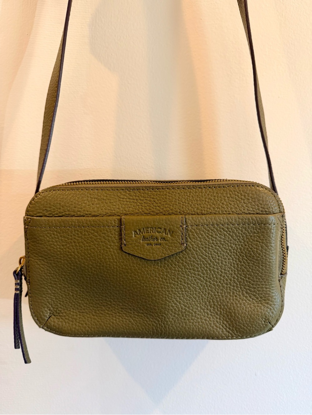 American Leather Co Nashville Double Zip Crossbody Camera Bag Sage Green Clean